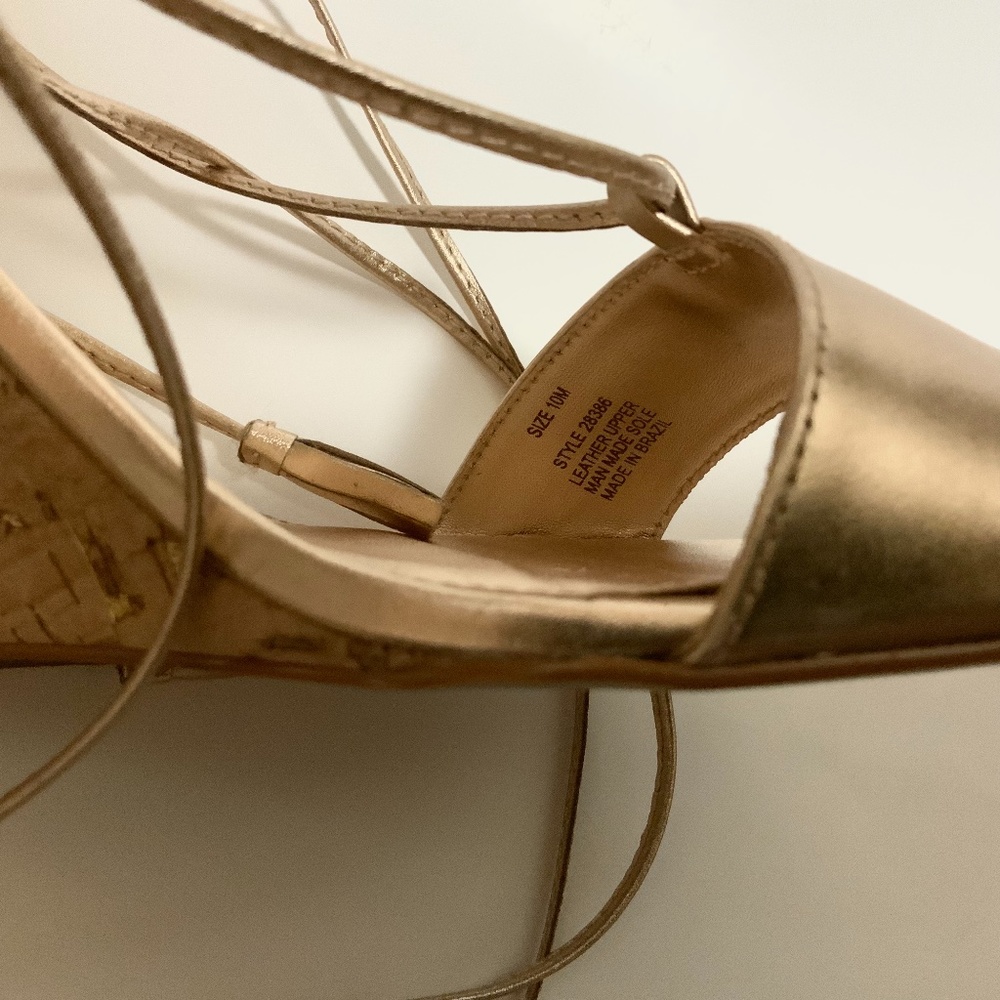 Lilly Pulitzer Aria Cork Wedge Heel Gold Leather Pump Sandal Lace Up Dress Shoes - Picture 9 of 12